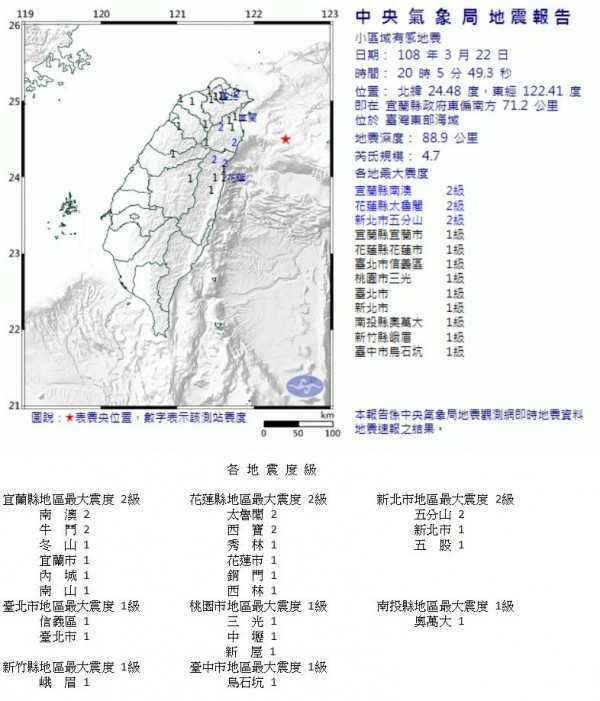 台灣東部海域今（22）日晚間8點5分，發生芮氏規模4.7地震，震源深度88.9公里。（圖擷取自中央氣象局）