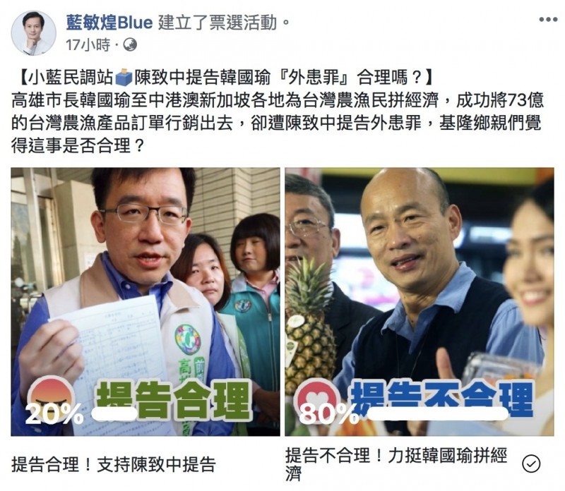 陳致中控韓國瑜犯外患罪 藍營立委參選人臉書辦投票挺韓國瑜