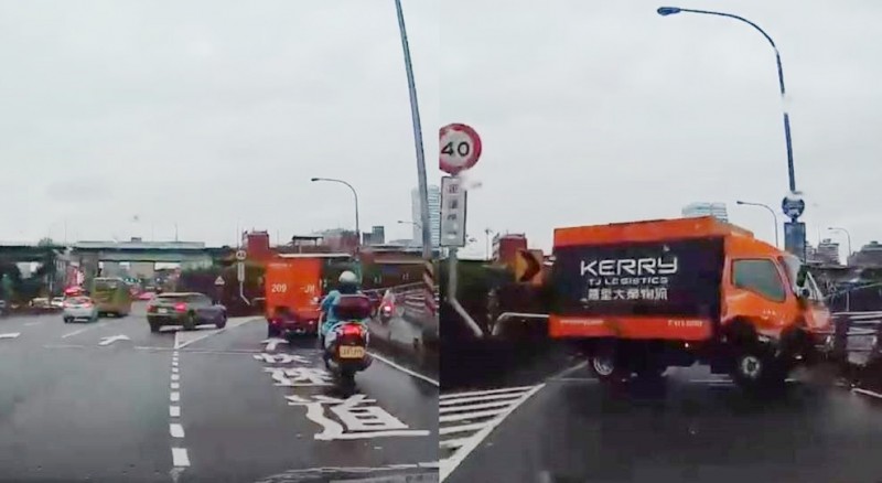 物流車閃避奧迪汽車打橫在匝道口，後方車輛在事發當下全部回堵。（圖擷取自爆廢公社）