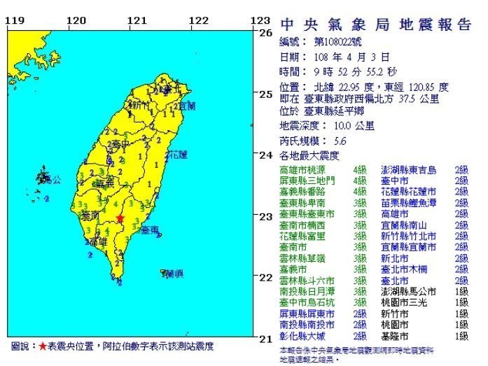 該次地震震央發生在中央山脈位置，該地區自1973年以來，規模超過5以上的地震僅26個，陳國昌表示不排除2週內會有4級以上餘震發生。（圖擷自中央氣象局）