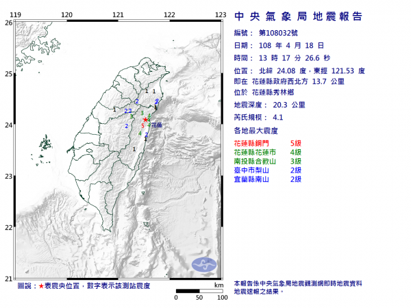 花蓮在今天下午1時1分發生規模6.1地震後，下午1時17分又發生規模4.1、深度20.3公里的地震，震央位於花蓮縣秀林鄉（花蓮縣政府西北方13.7公里），最大震度3級。（圖擷取自中央氣象局）