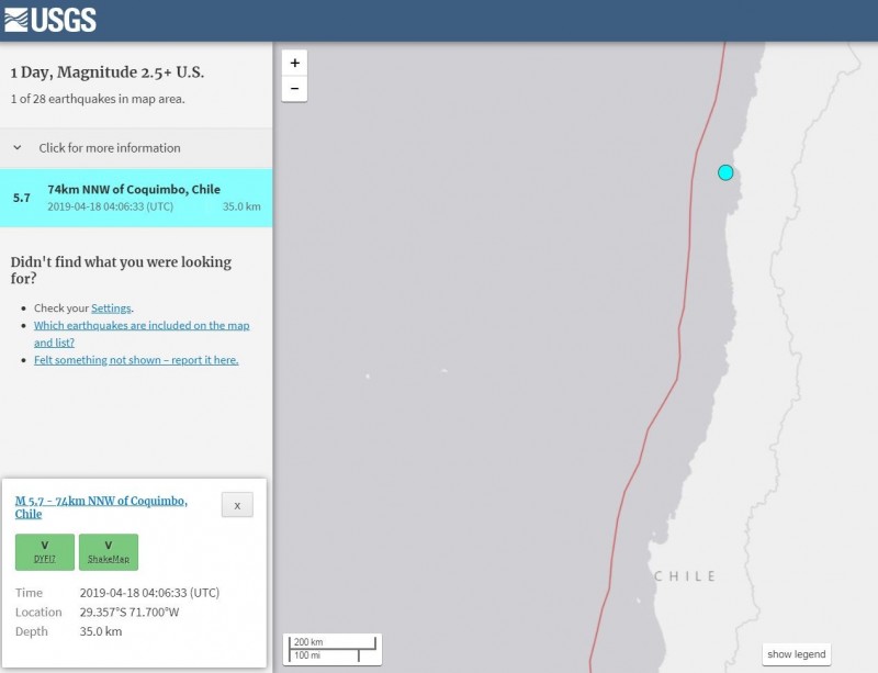 智利發生5.7極淺層強震。（擷取自USGS）
