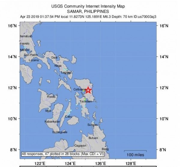 根據美國地質調查局最新消息，今（23）日菲律賓薩馬島下午1時37分又發生規模6.3地震，震源深度70.2公里。（擷圖自美國地質調查局）
