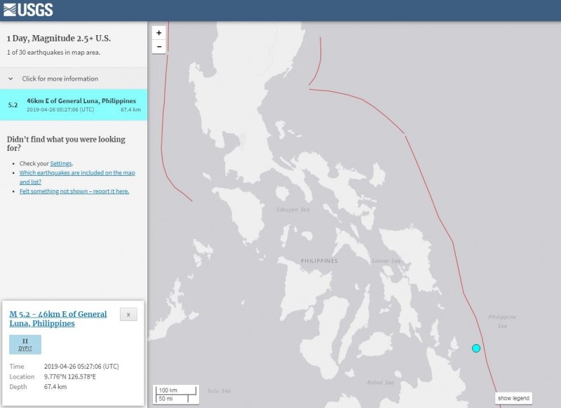 菲律賓東南部發生芮氏規模5.2地震。（擷取自USGS）