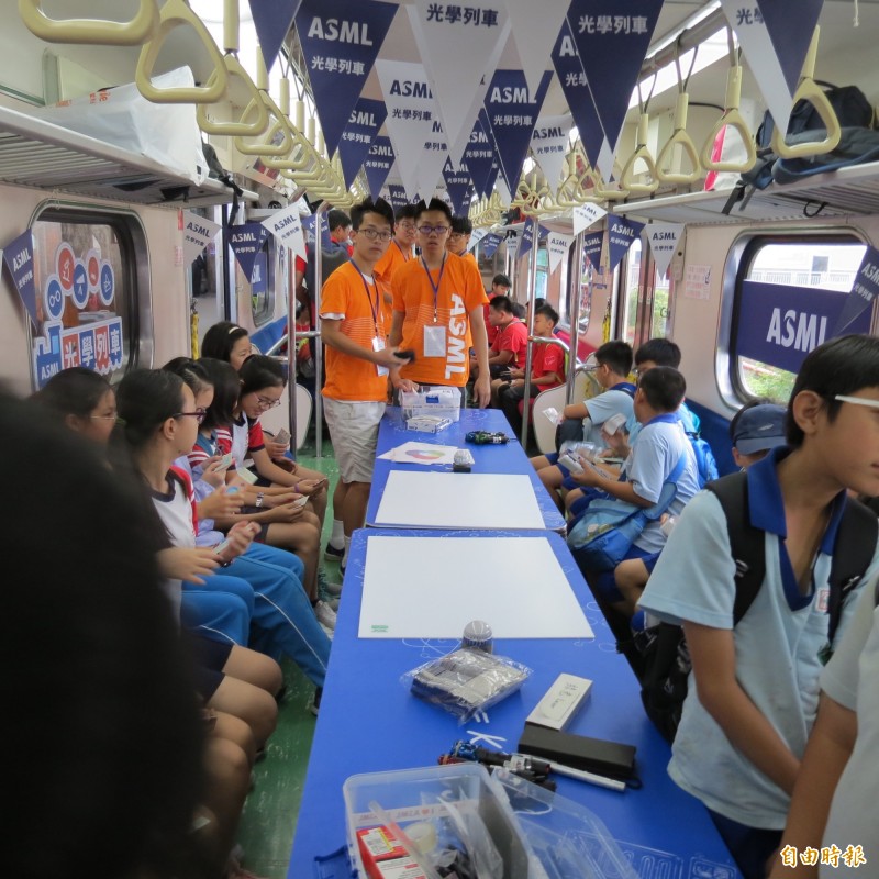 科普列車駛入台中市，二百多位小學生要坐火車到彰化，沿途要科學遊戲。（記者蘇金鳳攝）