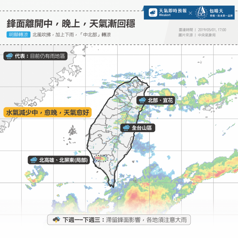 臉書專頁「天氣即時預報」據中央氣象局資料指出，今晚各地雨勢將逐漸減緩。（擷取自臉書）