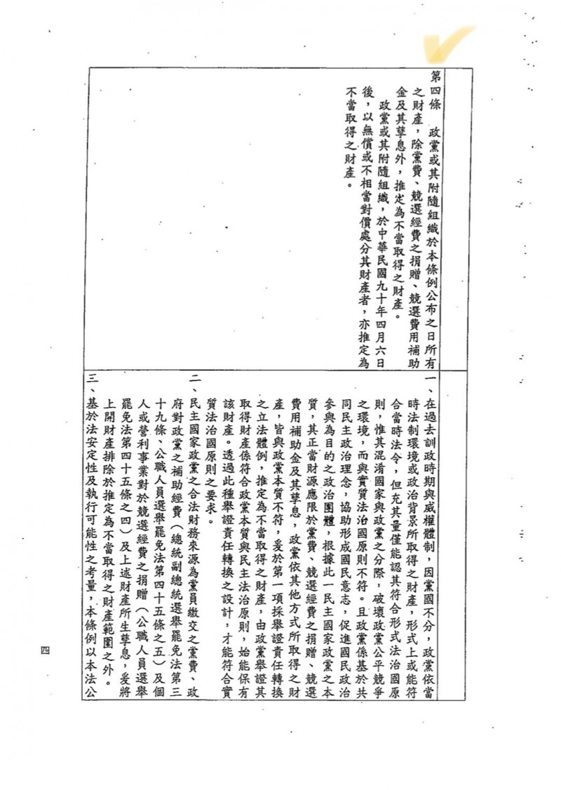 針對聯合報評論稱黨產會搞不清楚黨產條例來源，黨產會今日駁斥表示，聯合報主筆室特意截取當年送審草案第4條第2項，而不提及同條第1項內容，「選擇斷章取義撰寫評論」，令人難以苟同。（黨產會提供）