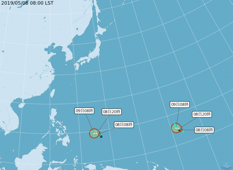 西太平洋地區接連生成今年第5號、第6號熱帶性低氣壓，其中位於關島附近海面的第6號熱帶低壓發展性高。（中央氣象局）