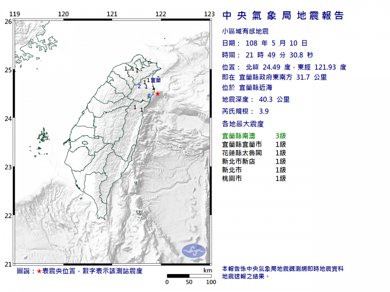 今晚21：49在宜蘭縣政府東南方31.7公里、位於宜蘭縣近海，發生芮氏規模3.9地震。（中央氣象局）