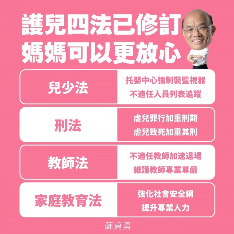 行政院長蘇貞昌今天上午表示，各界重視的「護兒四法」包括兒少法、刑法、教師法、家庭教育法，全部完成三讀修正！讓媽媽放心，就是最好的母親節禮物。（圖取自蘇揆LINE群組）