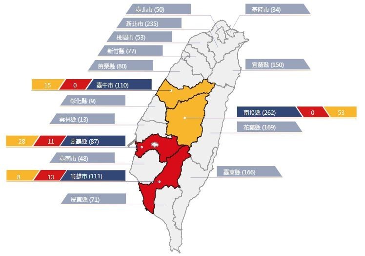 農委會水土保持局18點半發布24條土石流紅色警戒。圖中，黃色指「黃色警戒」，紅色指「紅色警戒」，藍色指「土石流潛勢溪流調查數量」。（擷取自農委會水土保持局網站）