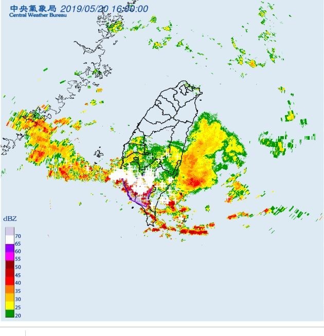 梅雨鋒面橫掃全台，今白天起從北台灣到中南部地區都遭受雨彈襲擊。（圖擷取自中央氣象局）