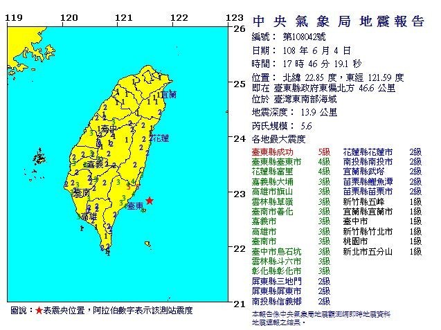 台東縣於今（4）日17時46分，發生規模 5.6地震，當地最大震度5級，震源深度僅10公里，目前尚無災情傳出。（圖擷取自中央氣象局）