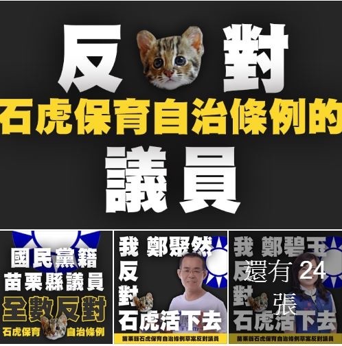 網友將對石虎保育條例投下反對票的國民黨議員做成圖卡，遭苗栗縣國民黨團揚言提告。（翻攝臉書「吳濬彥 Wu Jun Yen 沒有在裡面團隊」）