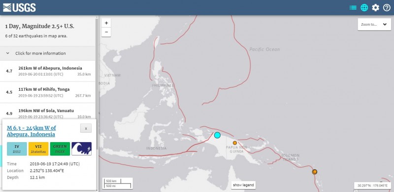 印尼東部在今（20）日凌晨發生芮氏規模6.3的極淺層地震。（擷取自USGS網頁）