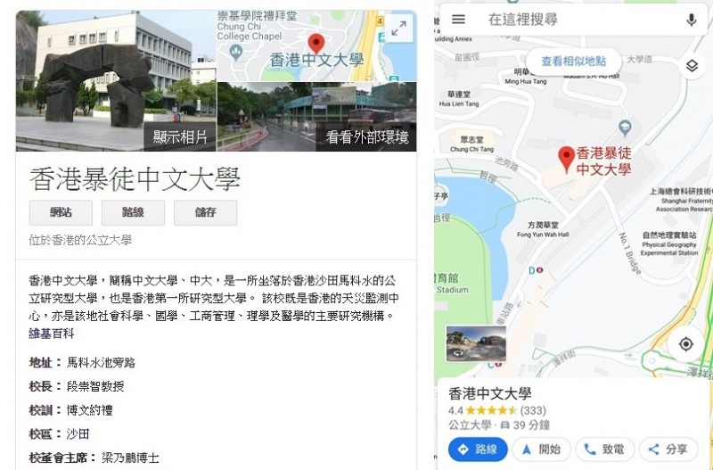 香港中文大學一度在Google搜尋結果中，顯示為「香港暴徒中文大學」，目前已被修回正確名稱。（圖擷取自Google）