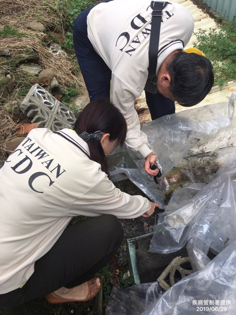 台南出現今年首例本土登革熱病例。圖為疾管署防疫人員檢視社區角落是否有病媒孳生源。（疾病管制署傍提供）