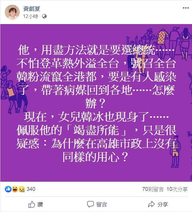 資深媒體人黃創夏在個人臉書多次發文砲轟韓國瑜。（圖截自黃創夏臉書）