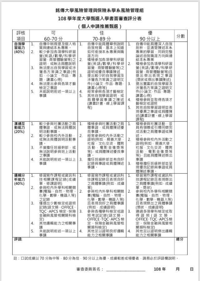 銘傳大學今晚發出公開聲明，並出示該校風險管理與保險學系甄選入學書審評分表，澄清絕無該校尹老師所稱的學生外貌、居住地、家長職業等條件。（記者林曉雲翻攝）