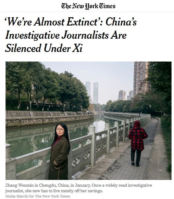 《紐時》採訪多名中國前調查記者，包括被中國官方封殺威脅的張文敏（見圖）。（圖擷取自《紐約時報》官網）