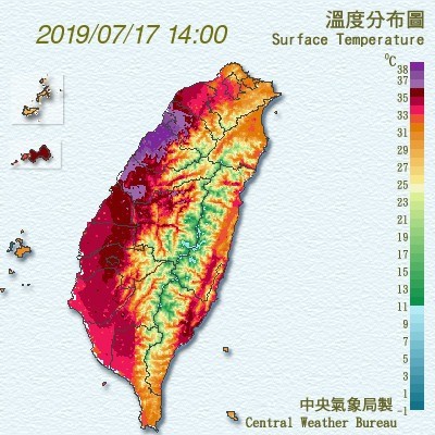 中央氣象局今（17）日14時的全台溫度分布圖。（擷取自中央氣象局）