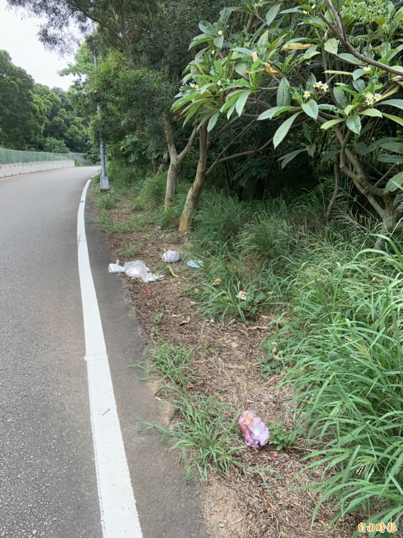 中清路沙鹿交流道慢車道遭丟棄家用垃圾。（記者張軒哲攝）