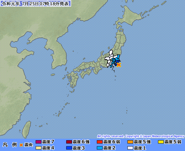 日本本州千葉縣東方近海，今天清晨發生芮氏規模5.3地震。（圖擷取自日本氣象廳）
