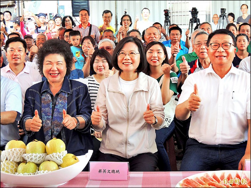 總統蔡英文（中）昨天由總統府秘書長陳菊（左）及立委陳歐珀（右）陪同，造訪員山鄉枕山地區，希望鄉親再給四年，讓她做更多事。（記者江志雄攝）