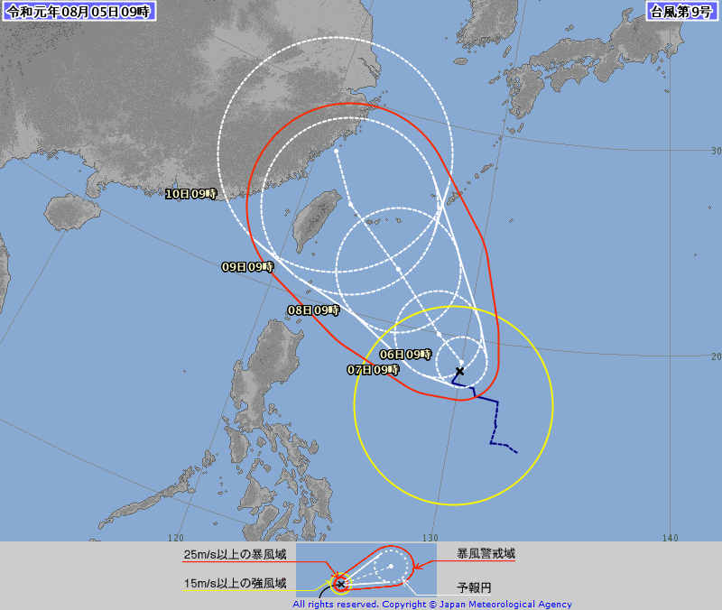 日本氣象廳更認為利奇馬中心會更接近北台灣，有出現西北颱的可能性。（日本氣象廳）