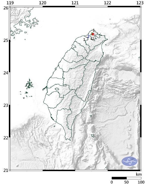 台北市北投區今天凌晨1點傳出規模3.2地震，震央深度僅5公里。（圖擷取自中央氣象局網頁）