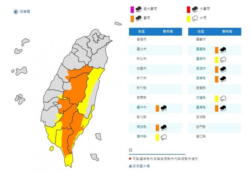 氣象局在今日下午4時對台中市、南投縣、嘉義縣、高雄市、屏東縣、台東縣等6縣市發布豪雨特報，雲林縣、台南市、花蓮縣等3縣市發布大雨特報。（圖擷取自中央氣象局）