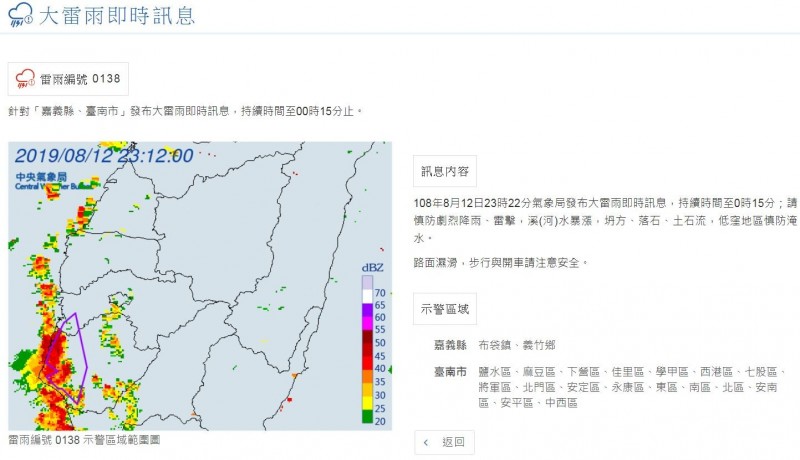 中央氣象局今天（12日）晚間11時22分，針對嘉義縣、台南市發布大雷雨警戒，時間將持續至明天（13日）0時15分為止。