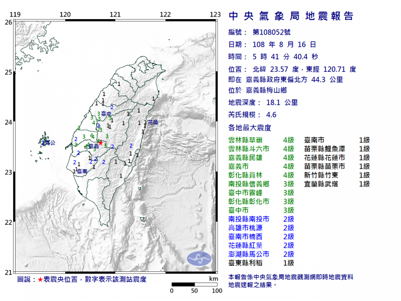 嘉義縣梅山鄉在今天清晨5時41分發生芮氏規模4.6、深度18.1公里的地震，震央位於嘉義縣政府東偏北方44.3公里，最大震度4級。（圖擷取自中央氣象局）