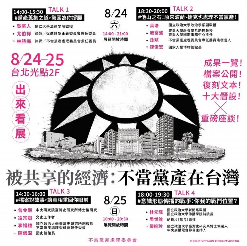 行政院黨產會本週六、日將於台北光點舉辦「被共享的經濟：不當黨產在台灣」特展。除安排4場座談會外，也將公開檔案史料，及公布國民黨「十大僭設」。（黨產會提供）
