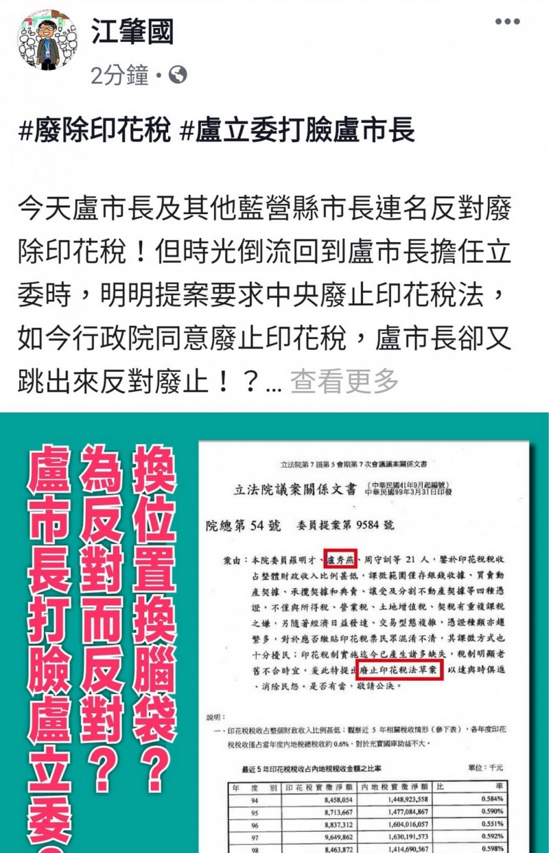 台中市長盧秀燕反對廢止印花稅，市議員江肇國抨擊，這是「盧市長打臉盧立委」。（翻攝江肇國臉書）