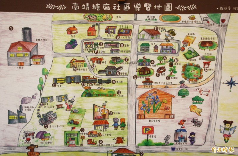 南靖糖廠的手繪社區導覽地圖。（記者林宜樟攝）