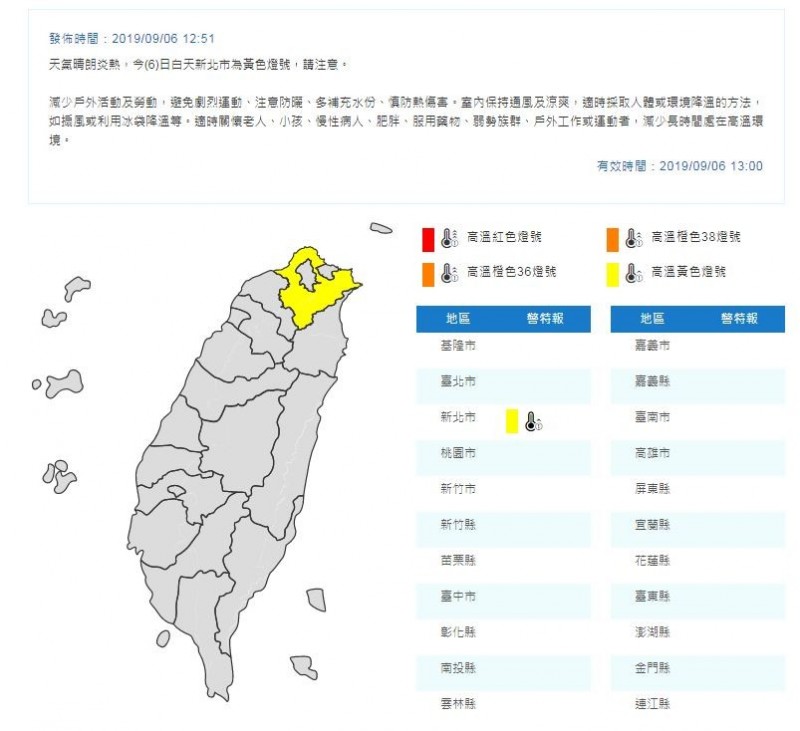 新北市已發布高溫黃色燈號。（擷取自中央氣象局）