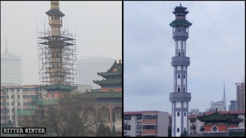 擁有數百年歷史的宣禮塔竟也被中國化改造，圖為前後對比圖。（圖擷取自《寒冬》雜誌）