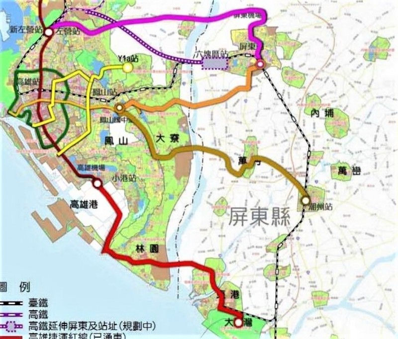 高雄捷運延伸屏東的4條可能路廊。（記者侯承旭翻攝）