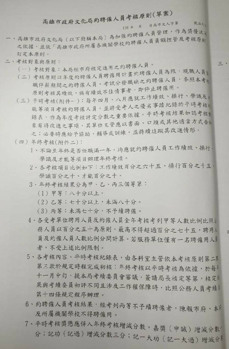 高市文化局開會通過的「約聘雇人員考核原則」，被控是用來整肅異己。（記者黃佳琳翻攝）