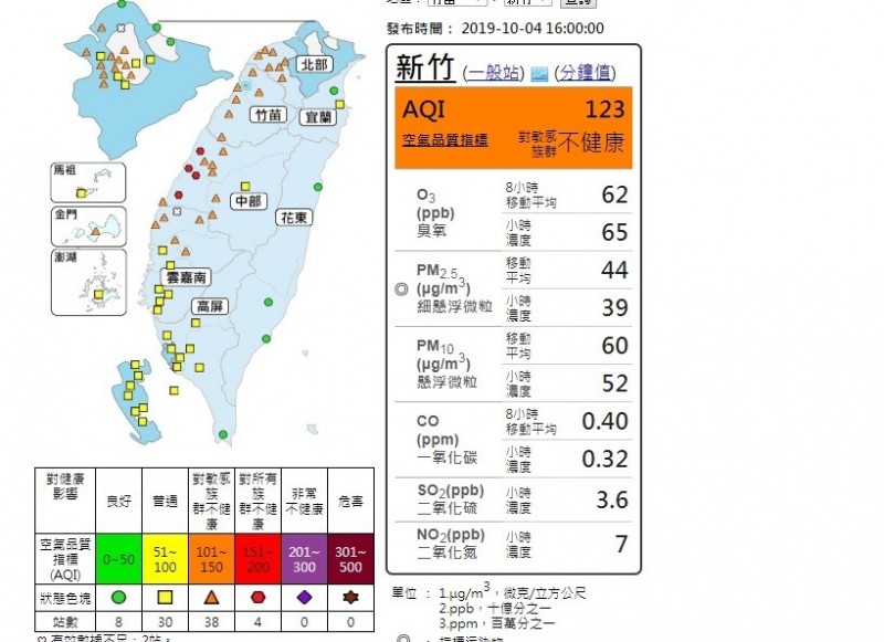 西半部空氣品質不佳已持續數日。（圖擷取自環保署空氣品質監測網）