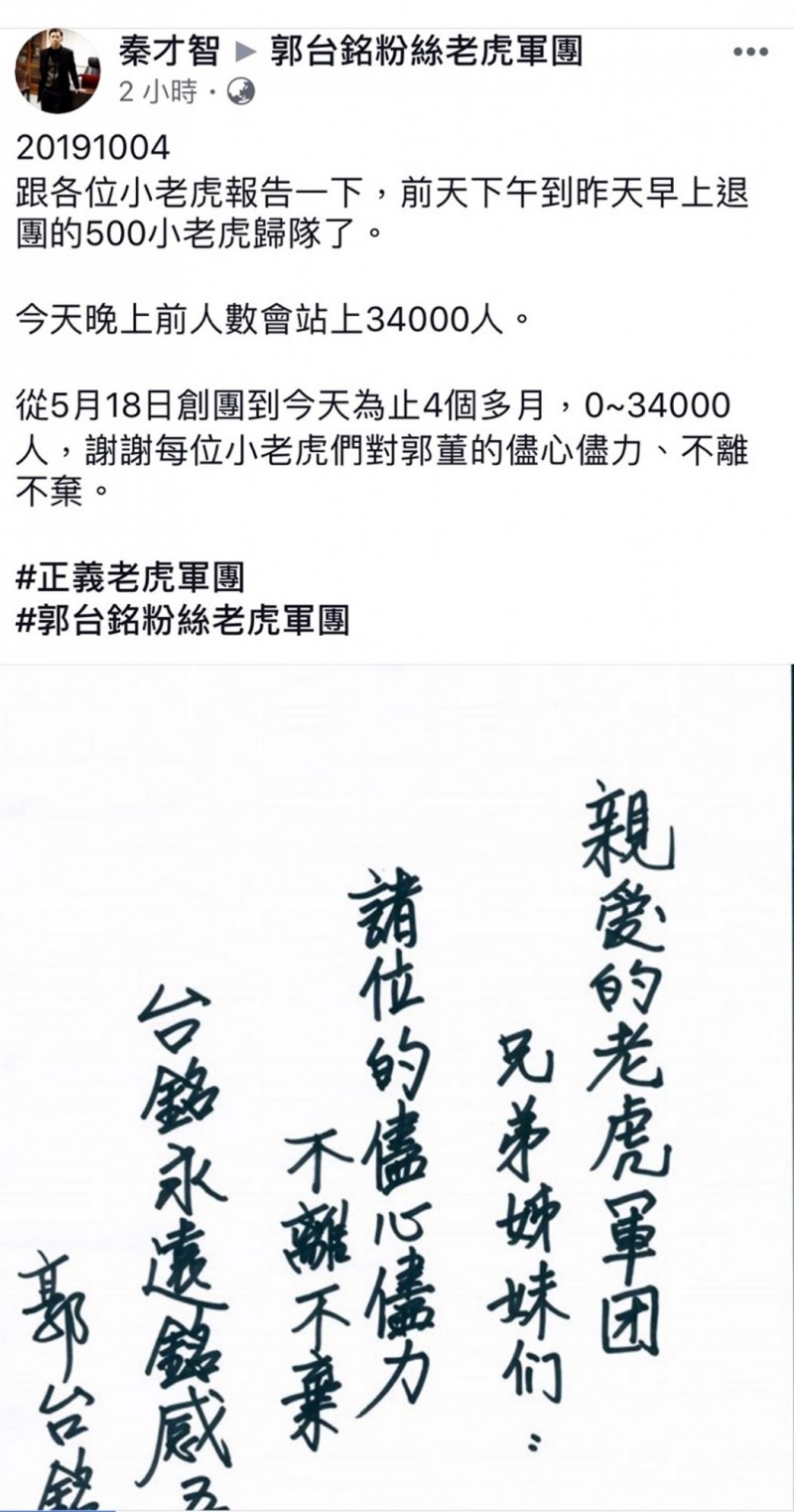 老虎軍團團長秦才智今在粉絲團公告，退粉500人全歸隊。（圖擷自郭台銘粉絲老虎軍團）