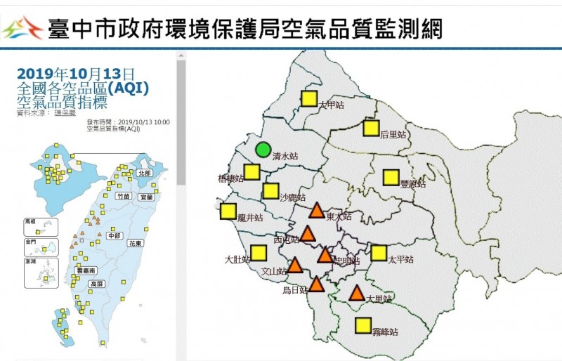 還是沒有好空氣！中市多處測站亮「對敏感族群不健康」橘燈。（圖：擷取自環保局網頁）