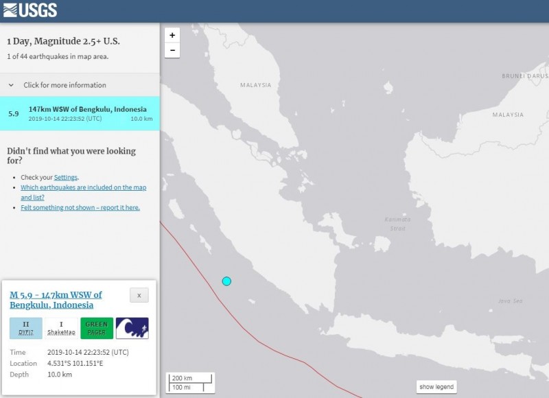 印尼發生5.9強震，所幸暫無重大災情傳出。（擷取自USGS）