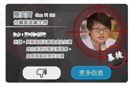 包括基進黨主席陳奕齊在內，至少有8名台灣人的個資遭「香港解密」網站曝露。（圖擷取自「香港解密」）