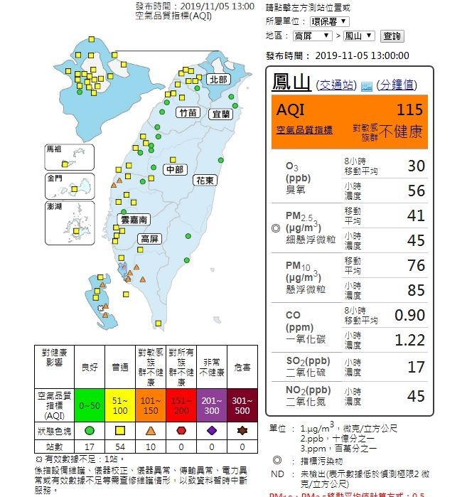 中南部地區午後空氣品質不佳。（擷取自空氣品質監測網）