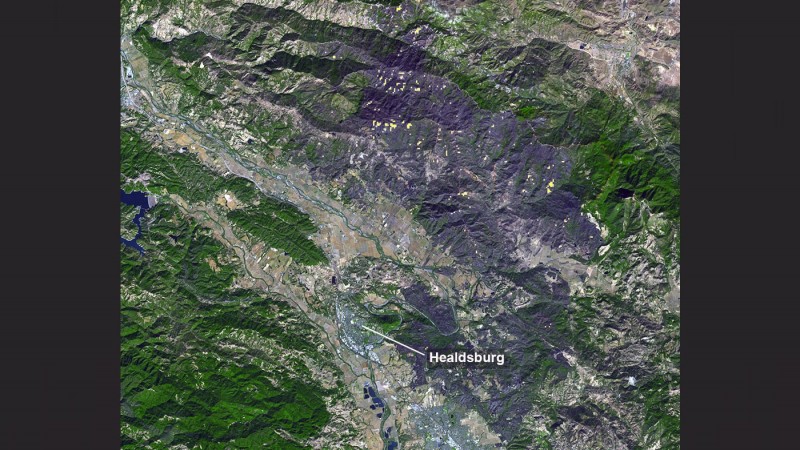 NASA噴射推進實驗室（JPL）公布一張衛星照片，加州大火在土地上留下的焦痕在太空中清晰可見。（圖擷取自JPL官方網站）