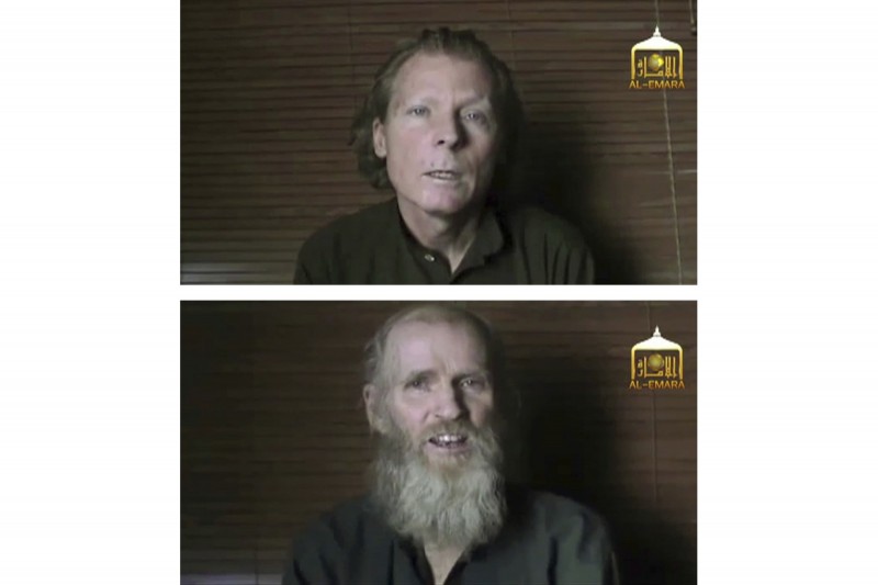 塔利班表示，美國籍的凱文·金（Kevin King，下）和澳洲籍的提摩西·維克斯（Timothy Weeks，上），在阿富汗南方的扎布爾省（Zabul）獲釋。（美聯社）