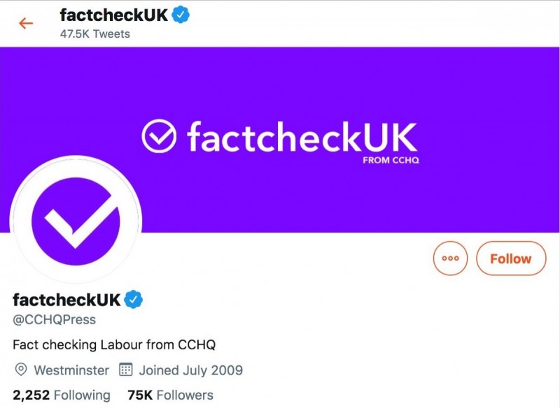 英國保守黨一度把推特帳號之一的名稱改為「factcheckUK」，factcheck意思是事實查核，推特今（20）日警告此舉涉嫌誤導公眾，若再有類似行動將採取果斷措施糾正。（圖取自推特）