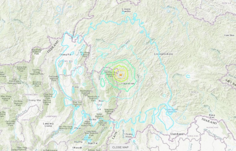 據美國地質調查所（USGS）資訊顯示，台灣時間今上午7點50分，在泰國北部靠近寮國邊邊界處，發生芮氏規模6.1的淺層地震，地震深度僅10公里。（圖擷自USGS）